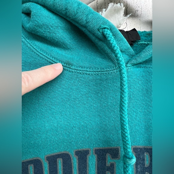 VTG Teal Hoodie Mens Small Eddie Bauer 90s Fleece Pullover Sweatshirt *Flaws* - Picture 2 of 8